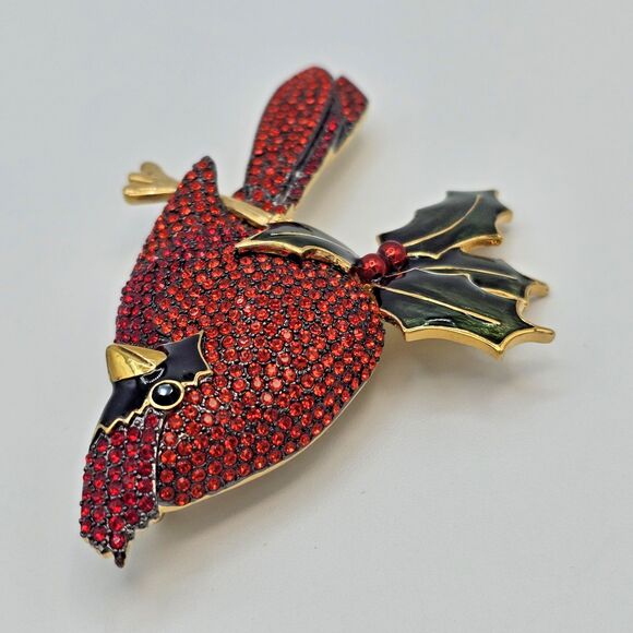 Joan Rivers Cardinal Brooch Vtg Pave Crystal Bird Enamel Holly Holiday Winter - Picture 9 of 14